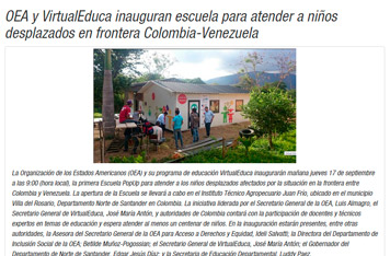 OEA y VirtualEduca inauguran escuela para atender a niños desplazados en frontera